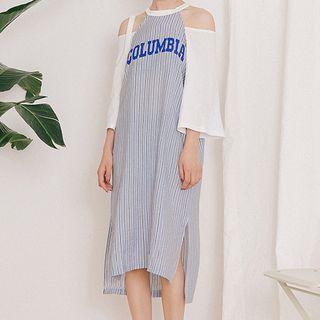 Lettering Cold Shoulder 3/4-sleeve Midi T-shirt Dress