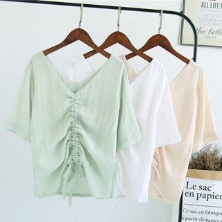 Short-sleeve V-neck Drawstring Top