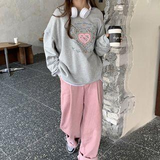 Embroider Long-sleeve Sweatshirt / High Waist Plain Wide Leg Pants