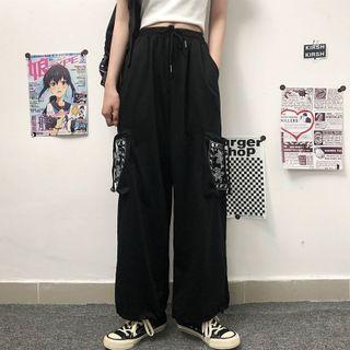 Paisley Print Panel Wide Leg Cargo Pants