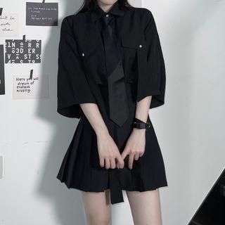 Short-sleeve Front Pocket Shirt / High-waist Mini Pleated Skirt
