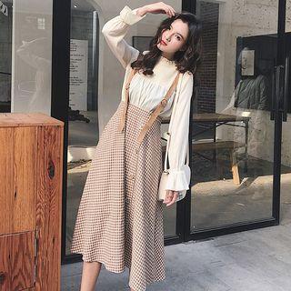 Set: Frill-trim Blouse + Plaid Midi A-line Suspender Skirt