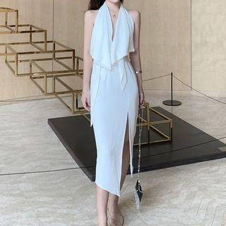 Open Back Halter Midi Sheath Dress