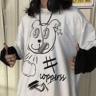 Mock Two-piece Long-sleeve Printed T-shirt White & Black - One Size