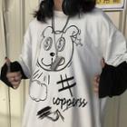Mock Two-piece Long-sleeve Printed T-shirt White & Black - One Size