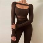 Plain Long Sleeve Cut-out Jumpsuit