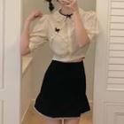 Puff-sleeve Bow Blouse / Lace Trim Mini A-line Skirt