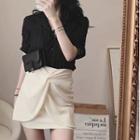 Set: V-neck Short-sleeve Top + Ruched Mini Pencil Skirt