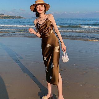 Spaghetti Strap Butterfly Print Slit Sheath Dress