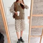 Knit Vest / Floral Long-sleeve Midi A-line Dress / Set