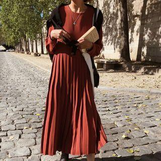 Long-sleeve Midi A-line Accordion Pleat Dress
