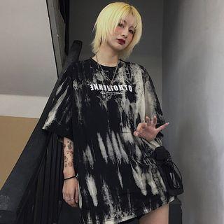 Elbow-sleeve Tie-dye Lettering Printed T-shirt