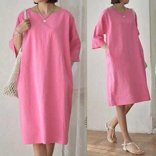 3/4-sleeve Linen Blend Shift Dress