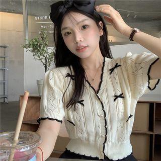 Short-sleeve Bow Cropped Cardigan Beige - One Size