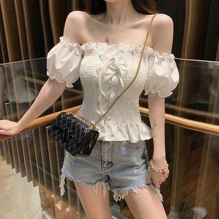 Boatneck Lace-up Smocked Chiffon Top