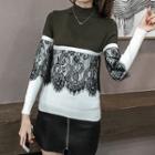 Long-sleeve Mock-neck Lace Panel Top