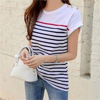 Cap-sleeve Button-trim Stripe T-shirt