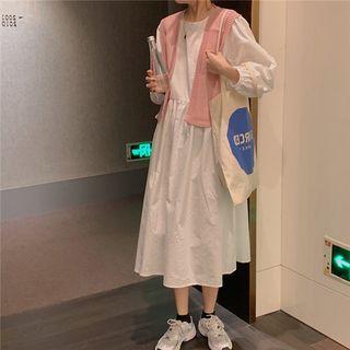 Puff-sleeve Midi A-line Dress + Knit Shawl
