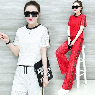 Set: Lace Short-sleeve T-shirt + Lace Drawstring Pants