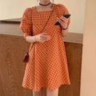 Plaid Puff-sleeve Mini A-line Dress Tangerine - One Size