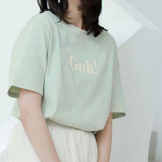 Lettering Short-sleeve T-shirt Light Green - One Size