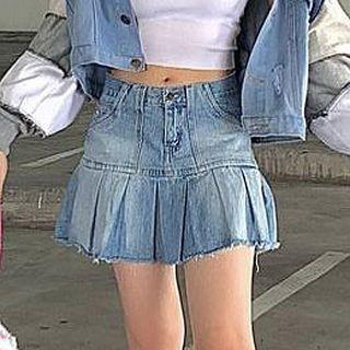 Frayed Denim Mini Pleated Skirt
