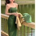 Faux Pearl Strap Knit Midi Sheath Dress