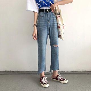 High-waist Distressed Split-hem Jeans