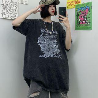 Short-sleeve Flower Print Oversized T-shirt