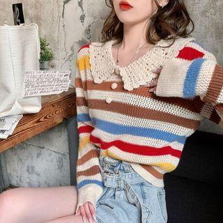 Striped Knit Polo Shirt White - One Size