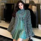 Fringed Buttoned Jacket / Faux Leather Mini A-line Skirt
