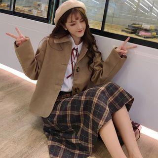 Long Sleeve Shirt / Plaid A-line Skirt / Woolen Blazer