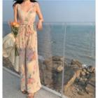 Sleeveless Floral Print Jumpsuit Almond - One Size