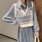 Patterned Sweater Vest / Long-sleeve Midi Shirt Dress / Set