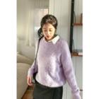 Drop-shoulder Fluffy Sweater Light Purple - One Size