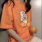 Short-sleeve Pig Print T-shirt Tangerine - One Size