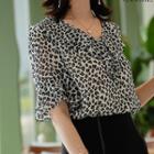 Short-sleeve Leopard Print V-neck Chiffon Blouse