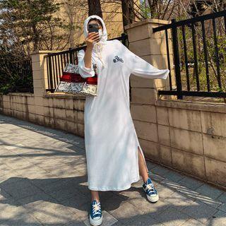 Letter-printed Slit-side Maxi Hoodie Dress