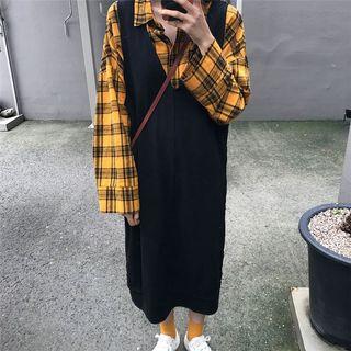 Plaid Shirt / Midi Pinafore Dress
