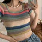 Short-sleeve Knit Striped Cropped Top Blue - One Size