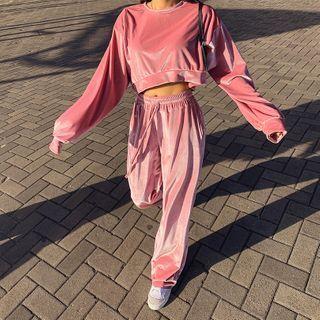 Set: Cropped Velvet Top + Drawstring-waist Wide-leg Pants