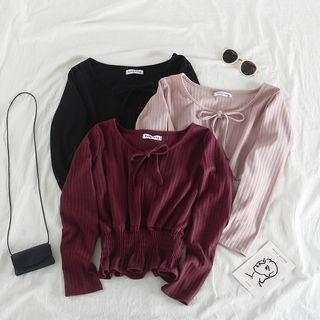 Long-sleeve Tie-neck Ruffled Knit Top