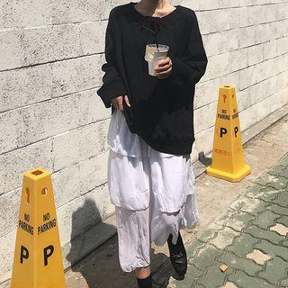 Drawstring Neck Pullover / Layered Midi A-line Skirt