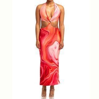 Halter-neck Cutout Print Maxi Bodycon Dress