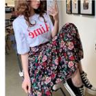 Short-sleeve Lettering T-shirt / Midi Floral A-line Skirt