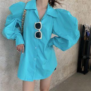 Puff-sleeve Plain Loose-fit Shirt
