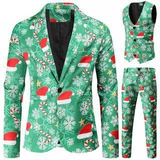 Christmas Print Blazer / Button-up Vest / Straight Leg Dress Pants / Set