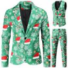 Christmas Print Blazer / Button-up Vest / Straight Leg Dress Pants / Set