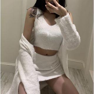Cropped Tank Top / Mini Pencil Skirt / Open-front Long Cardigan / Set