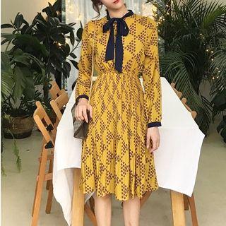 Bow Accent Dotted Long-sleeve Midi Dress